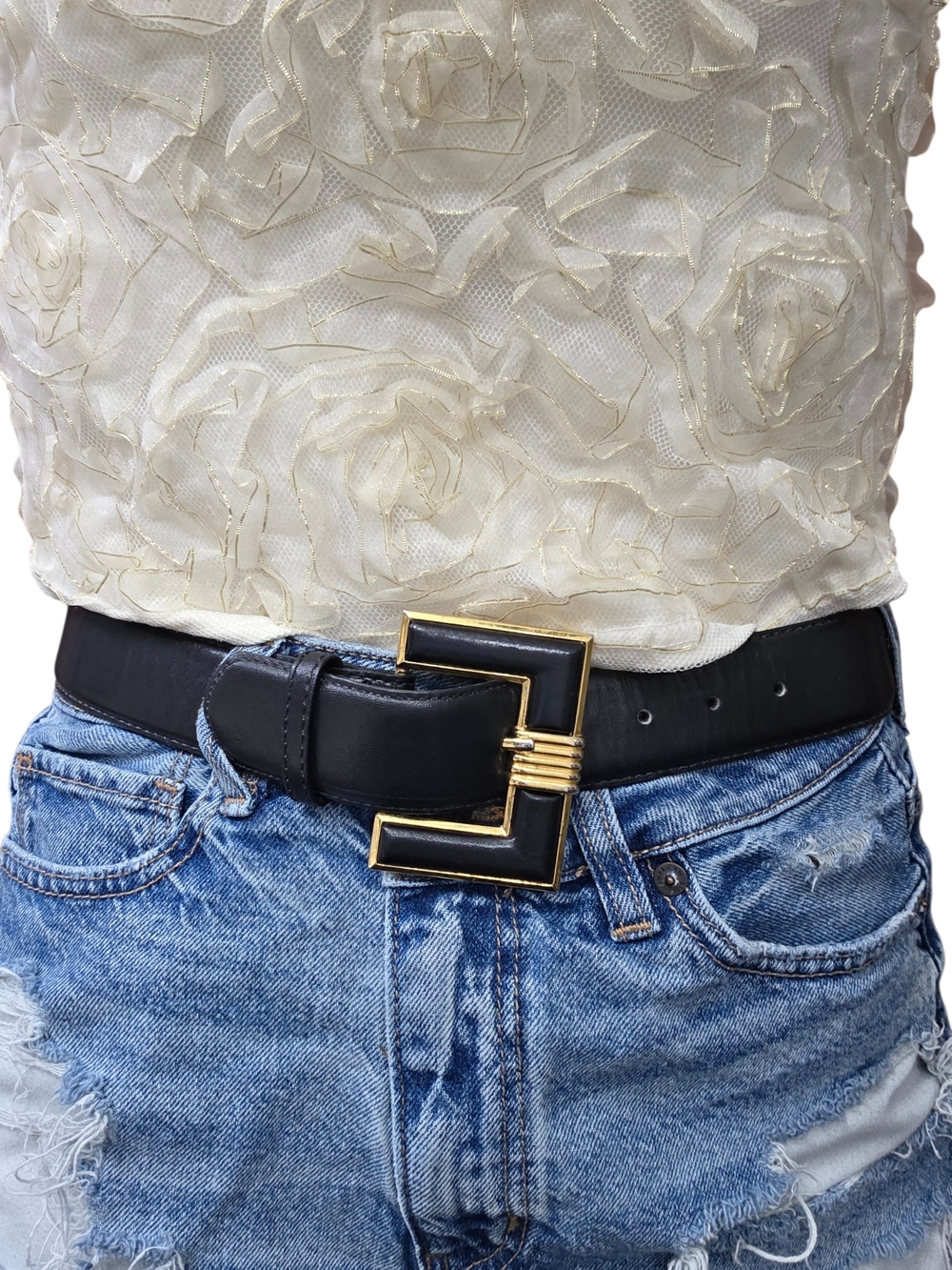 Vintage USA Black Glove Leather Belt Geometric Gold Buckle Small